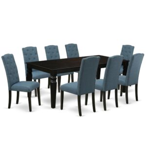 Spice up your dining area with this LGCE9-BLK-21 grand dining set includes a timeless missionary design large dinette table and eight parson chairs. A contemporary twist on a classic design