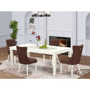 Introducing a versatile and elegant 5-piece dining set crafted from durable rubberwood and beautifully finished in a classic linen white. This ensemble Includes a spacious Rectangle kitchen table and four parson chairs