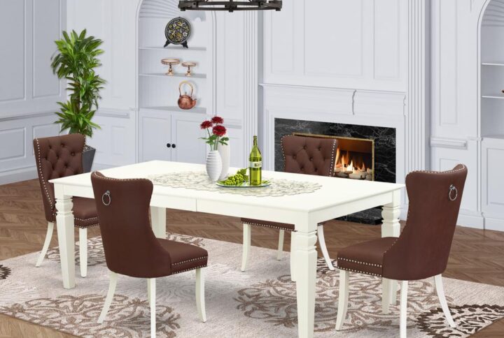 Introducing a versatile and elegant 5-piece dining set crafted from durable rubberwood and beautifully finished in a classic linen white. This ensemble Includes a spacious Rectangle kitchen table and four parson chairs