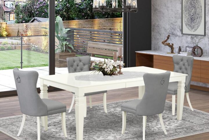 Presenting a versatile and elegant 5-piece dining set crafted from durable rubberwood and beautifully finished in a classic linen white. This ensemble Includes a spacious Rectangle dining table and four parsons dining chairs