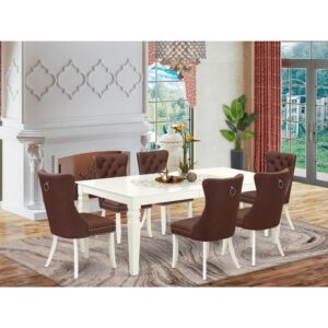 Presenting a versatile and elegant 7-piece dinette set crafted from durable rubberwood and beautifully finished in a classic linen white. This ensemble Includes a spacious Rectangle kitchen table and six parson chairs