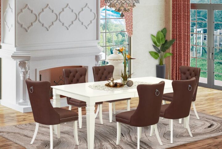 Presenting a versatile and elegant 7-piece dinette set crafted from durable rubberwood and beautifully finished in a classic linen white. This ensemble Includes a spacious Rectangle kitchen table and six parson chairs