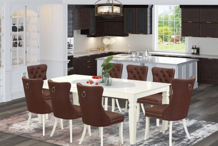 Presenting a versatile and elegant 9-piece dining set crafted from durable rubberwood and beautifully finished in a classic linen white. This ensemble Includes a spacious Rectangle dining table and eight parsons dining chairs