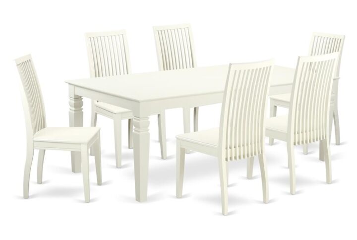 This grand dining set features our largest table - which can extend out up to 84" in length. Treat your room's decor with a new and polished look with this modern 7 Piece Dining Set. Withstand just about any dinner party with this sturdy table which is based on 4 straight legs. The set is offered with 6 solid wood dining chairs with a classic wood seat for simplicity and ease. Finished in a marvelous Linen White