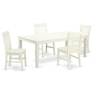 This grand dining set features our largest table - which can extend out up to 84" in length. Treat your room's decor with a new and polished look with this modern 5 Piece Dining Set. Withstand just about any dinner party with this sturdy table which is based on 4 straight legs. The set is offered with 4 solid wood dining chairs with a classic wood seat for simplicity and ease. Finished in a marvelous Linen White
