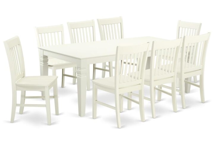 This grand dining set features our largest table - which can extend out up to 84" in length. Treat your room's decor with a new and polished look with this modern 9 Piece Dining Set. Withstand just about any dinner party with this sturdy table which is based on 4 straight legs. The set is offered with 8 solid wood dining chairs with a classic wood seat for simplicity and ease. Finished in a marvelous Linen White