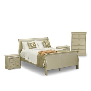 East-West Furniture wood bedroom set is a fantastic investment that will enhance the value of your home and offer magnificence for a lifetime. This gorgeous queen bed set is built of premium quality Pinewood. You can boost the elegance of your bedroom by using our modern bedroom set and it will always give a fresh look to your bedroom. Our fantastic queen bed's slat bases allow the air to cross freely under your bed mattress that's a reason why your bed mattress is always fresh. You can save your important things thanks to our wonderful bedroom mid-century chest. You can keep your items organized with the help of this beautiful and sturdy small nightstand. Our bedroom furniture set will attract everybody that will come to your house because its style is so traditional and eye-catching. This amazing queen size bed set is low maintenance furniture and it is a fantastic choice to Budget-friendly. The color of this lovely set is Metallic Gold that provides an antique look. Our product will add more beauty to your room and you will feel well. Make this wonderful size bed is your comfort at the end of a long day. Our product is simple to match any room decor and you will enjoy your best time with this classy wooden bedroom set. The antique glance of your set makes it an ideal addition to any bedroom. Our product is easy to construct. Nearly all cleaners work properly on this modern bedroom set. You can use the same techniques to clean the Pinewood furniture that you use to clean furniture produced from any other wood. It will just cost a little time and our bedroom set will clean.
