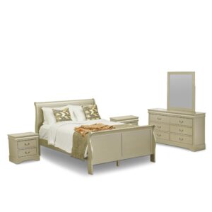 East-West Furniture queen bedroom set is a fantastic investment that will increase the value of your home and provide charm for a lifetime. This beautiful bedroom furniture set is created from  high-quality Pinewood. You can boost the charm of your bedroom by using our bedroom furniture set and it will always provide a fresh glance to your bedroom. Our attractive queen bed's slat bases allow the air to cross freely under your bed mattress that's a reason why your bed mattress is always fresh. Our lovely 5 drawer dresser provides plenty of space