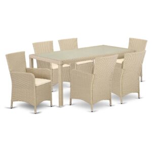 Harmonize you're Outdoor-Furniture with this relaxing and budget-friendly wicker patio set with a cream finish. The 7 pc LULU7-53V set includes a transparent glass top patio table and 6 single arm chairs. Crafted from a lightweight steel frame and wrapped with woven Wicker fiber