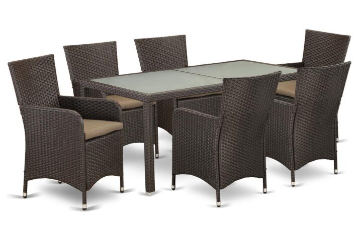 This relaxing and budget-friendly wicker patio set with Dark Brown finish enhances the beauty of your Outdoor-Furniture area. The 7 pc LULU7-63S set includes a transparent glass top Outdoor-Furniture table and 6 single armchairs. Crafted from a lightweight steel frame and wrapped with woven resin wicker fiber