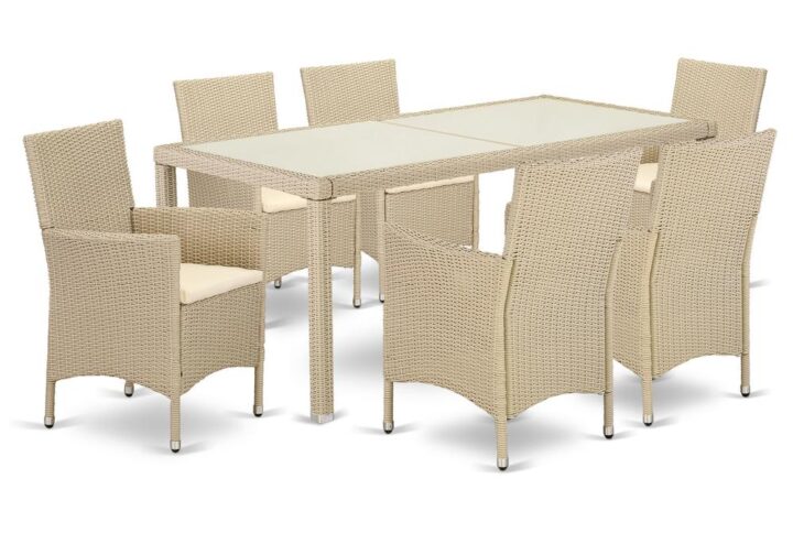 This modern yet budget-friendly wicker patio set with cream finish brings a new look in your Outdoor-Furniture area. The 7 pc LUVL7-53V set includes a transparent glass top patio table and 6 single armchairs. Crafted from a lightweight steel frame and wrapped with woven Wicker fiber