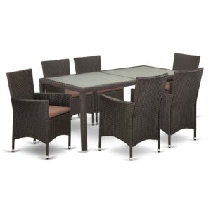 Create a beautiful look in your Outdoor-Furniture area with this relaxing and affordable wicker patio set with Dark Brown finish. The 7 pc LUVL7-63S set includes a transparent glass top Outdoor-Furniture table and 6 single armchairs. Constructed from a lightweight steel frame and wrapped with woven Wicker fiber