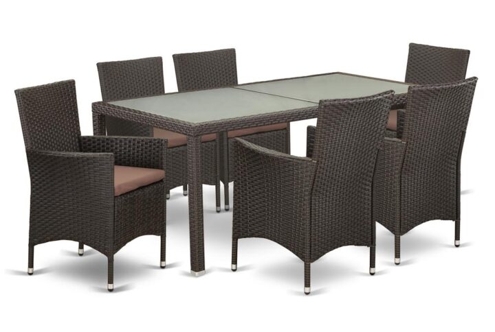 Create a beautiful look in your Outdoor-Furniture area with this relaxing and affordable wicker patio set with Dark Brown finish. The 7 pc LUVL7-63S set includes a transparent glass top Outdoor-Furniture table and 6 single armchairs. Constructed from a lightweight steel frame and wrapped with woven Wicker fiber