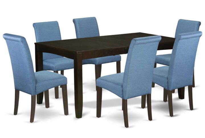 This amazing LYBA7-CAP-21 rectangular dining set features a Cappuccino color that enhances a number of distinct attractive themes. The sleek color of the kitchen dinette table subtly demonstrates light to lighten up the living area. The extendable leaf can be easily expanded making dining room for personal occasions or great parties. A single bevel edge and a rounded finish provide this dining room tables fits into a small kitchen space