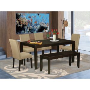 This amazing LYDR6-CAP-03 dining room set finished in smooth Cappuccino color well-fitted to any sort of home decoration style. This dining table features a Cappuccino color that enhances a number of distinct attractive themes. The extendable leaf of this table can be easily expanded making dining room for personal occasions or great parties. The dinette table is created from prime quality rubber wood known as Asian Hardwood. No heat treated pressured wood like MDF