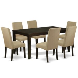 This amazing LYDR7-CAP-03 dining room set finished in smooth Cappuccino color well-fitted to any sort of home decoration style. This dining table features a Cappuccino color that enhances a number of distinct attractive themes. The extendable leaf of this table can be easily expanded making dining room for personal occasions or great parties. The dinette table is created from prime quality rubber wood known as Asian Hardwood. No heat treated pressured wood like MDF