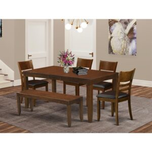 This particular rectangle table and chairs set incorporates an Espresso color which will enhances a wide range of attractive themes. The sleek finish of The Lynnfield dining room table set slightly shows light to lighten up the dining area and show off the table