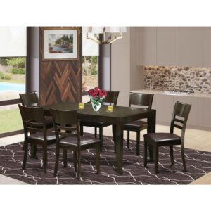 This excellent rectangular dining room table set comes with a Cappuccino color which will complements various kinds of appealing styles. The slick color of The Lynnfield table and chairs set slightly reflects light to brighten the living area and highlight the kitchen table