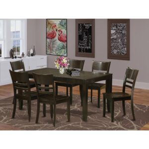 This excellent rectangular kitchen table set features a Cappuccino color that complements a number of different attractive themes. The sleek color of The Lynnfield dinette set subtly reflects light to brighten the living area and showcase the dining room tables