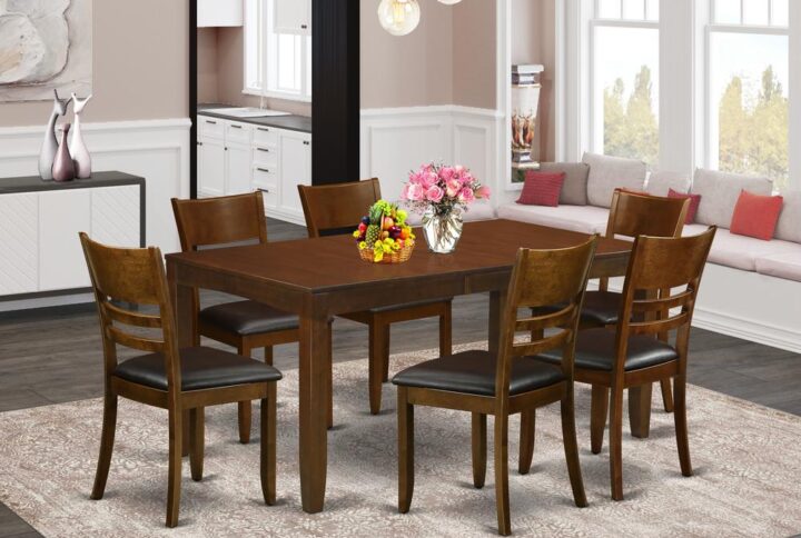 This particular rectangle-shaped dinette set comes with an Espresso finish that will enhances a number of different good looking themes. The dazzling color of The Lynnfield kitchen table set subtly reveals light to brighten up the living area and highlight the table
