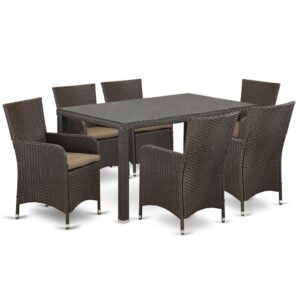 This fashionable and affordable wicker patio set with Dark Brown finish brings a modern look in your patio dining area. The 7 pc MALU7-63S set includes a glass top Outdoor-Furniture table and 6 single armchairs. Crafted from a lightweight steel frame and wrapped with woven Wicker fiber