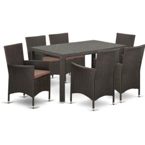 Décor your Outdoor-Furniture patio dining area with this budget friendly wicker patio set with Dark Brown finish. This 7 pc MAVL7-63S set includes a glass top Outdoor-Furniture table and 6 single arm chairs. Constructed from lightweight steel frame and wrapped with woven Wicker fiber