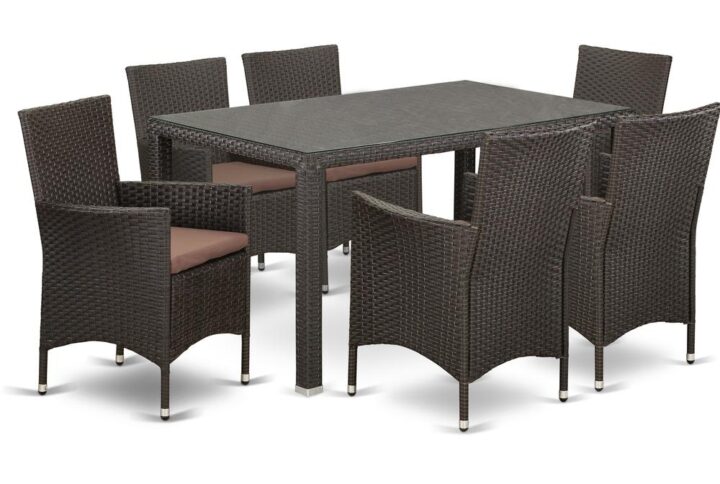 Décor your Outdoor-Furniture patio dining area with this budget friendly wicker patio set with Dark Brown finish. This 7 pc MAVL7-63S set includes a glass top Outdoor-Furniture table and 6 single arm chairs. Constructed from lightweight steel frame and wrapped with woven Wicker fiber