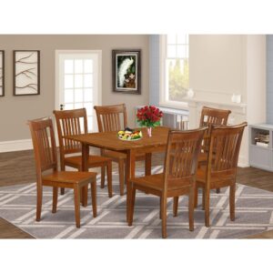 Rectangular dinette table is created in a modern design with clear aspects and sleek lines that will direct and guide the space it occupies. table and chairs set are made of high-quality Asian solid wood Solid wood for top quality and sustainability. The dinette chair have corresponding style which will enhances the dining table's style and design and beauty. The small dining table includes a regular extension leaf for convenient extension for the welcomed family and friends and collapses to help save that more space easily when not in use. This dinette table set is available in either rich Saddle Brown or beautiful Saddle Brown finish to match your dining-room.