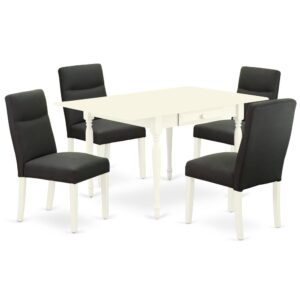 Upgrade your dining area using this simple yet versatile MZBE5-LWH-20 dining set. This exclusive dining table set for 4 offers a stylish appearance to enhance any kind of dining room or home's dining space for any gatherings. The convenient 5 piece dinette set contains a rectangle table and four parson chairs. The rectangle-shaped wooden table finished in linen white is made from top-rated quality rubberwood known as Asian hardwood. The kitchen table integrates two 9-inch drop down leaves that provides additional space for extra food trays and drinks. The 2 drawers of the dining table amplify storage in the kitchen or dining room to help keep you organized. The easy to assemble kitchen table ensures comfort and long-lasting use. These standard height parson chairs offer luxurious seating as well as stylish design. Complete in a Linen White finish