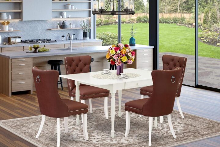 Presenting a delightful and space-efficient 5-piece dinette set that seamlessly combines style and practicality. Crafted from durable rubberwood and elegantly finished in a classic linen white