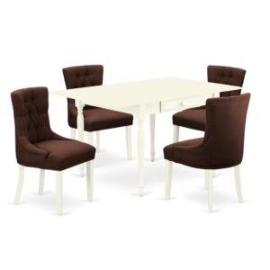 Furnish your dining room with this contemporary MZFR5-LWH-19 kitchen table sets to acquire a new and polished look. This distinctive kitchen table set offers a modern appearance to enhance any kind of dining room or residence's kitchen place for any occasion. The suitable 5 piece kitchen table set includes a dinette table and four parson chairs. The rectangular-shaped solid wood table finished in Linen White is created from Premium quality rubberwood known as Asian hardwood. The rectangle table integrates two 9-inch drop down leaves that provides additional space for extra food trays and drinks. The 2 drawers of the dining table amplify storage in the kitchen or dining room to help keep you organized. The easy to assemble kitchen table ensures comfort and long-lasting use. A regal and affordable parson chairs offer a touch of beauty to any dining room and provide a sensible seating arrangement. The upholstered dining chairs feature a beautiful stitched exterior. Standard back