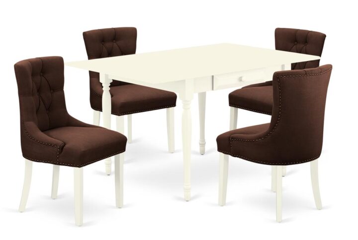 Furnish your dining room with this contemporary MZFR5-LWH-19 kitchen table sets to acquire a new and polished look. This distinctive kitchen table set offers a modern appearance to enhance any kind of dining room or residence's kitchen place for any occasion. The suitable 5 piece kitchen table set includes a dinette table and four parson chairs. The rectangular-shaped solid wood table finished in Linen White is created from Premium quality rubberwood known as Asian hardwood. The rectangle table integrates two 9-inch drop down leaves that provides additional space for extra food trays and drinks. The 2 drawers of the dining table amplify storage in the kitchen or dining room to help keep you organized. The easy to assemble kitchen table ensures comfort and long-lasting use. A regal and affordable parson chairs offer a touch of beauty to any dining room and provide a sensible seating arrangement. The upholstered dining chairs feature a beautiful stitched exterior. Standard back