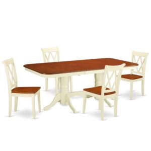 Treat your room's decor with a new and polished look with this modern NACL5-BMK-W dining set. The kitchen dinette table with built-in self-storage butterfly leaf which fits 4 to 8 persons. Dazzling solid wood table top with well-built carved pedestal support. Beveled rectangular shape to make welcoming kitchen space ambiance and finished in rich Buttermilk and Cherry