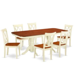 Treat your room's decor with a new and polished look with this modern NACL7-BMK-W dining set. The kitchen dinette table with built-in self-storage butterfly leaf which fits 4 to 8 persons. Dazzling solid wood table top with well-built carved pedestal support. Beveled rectangular shape to make welcoming kitchen space ambiance and finished in rich Buttermilk and Cherry