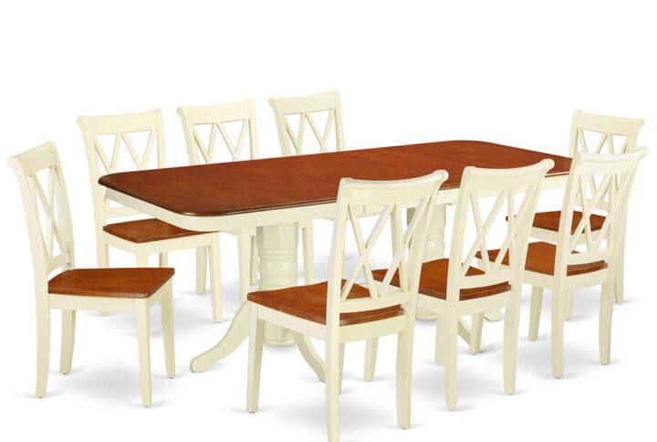 Treat your room's decor with a new and polished look with this modern NACL9-BMK-W dining set. The kitchen dinette table with built-in self-storage butterfly leaf which fits 4 to 8 persons. Dazzling solid wood table top with well-built carved pedestal support. Beveled rectangular shape to make welcoming kitchen space ambiance and finished in rich Buttermilk and Cherry