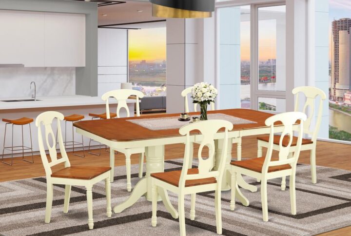 Napoleon table and chairs set present gorgeous Asian hardwood finished in sleek Buttermilk & Cherry color. The kitchen table set is offered in solid wood to suit personal taste and ideal theme. Kitchen chairs have an “S” curve for back high level of comfort with a subtle circle inset.Kitchen chair are stylishly manufactured with cylindrical-lathed front legs to get a traditional appearance.Dinette table have smooth