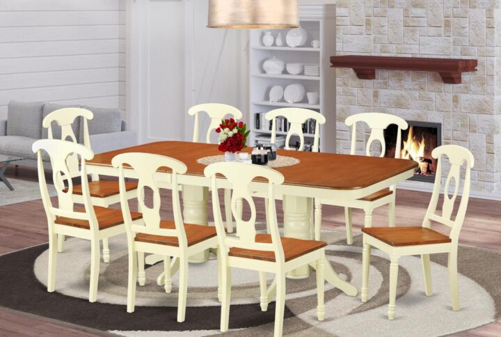 Napoleon dining room table set feature lovely Asian solid wood finished in glossy Buttermilk & Cherry Color. The small table set is offered in solid wood to fit personal taste and ideal design and style. dining chairs come with an “S” curve for back high level of comfort with a subtle circular inset.Kitchen dining chairs are stylishly designed having rounded-lathed front legs to obtain a classical look.Table come with smooth