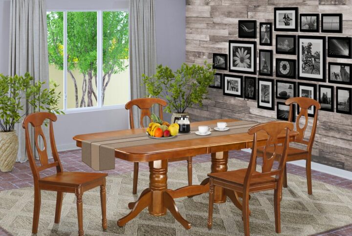 Napoleon dining room table set provide amazing Asian solid wood finished in smooth Saddle Brown color. This amazing dinette table set is available to buy with solid wood or upholstered to suit personal taste and ideal motif. dining chairs present an “S” curve for back coziness with a subtle circle inset. Kitchen dining chairs are elegantly constructed having cylindrical-lathed front legs for a classical appearance. Dining room table come with simple