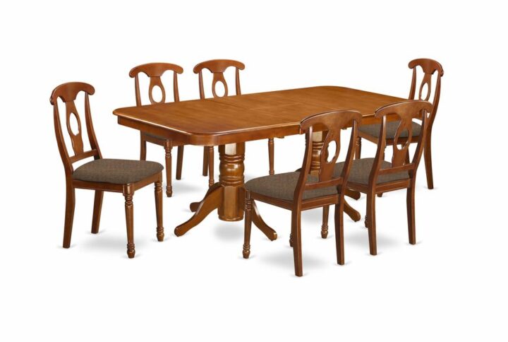 Napoleon dining room table set deliver amazing Asian wood finished in shiny Saddle Brown color. This amazing table set is available to buy with wood or cushion to suit personal taste and ideal design. Kitchen dining chairs present an “S” curve for back high level of comfort with a subtle circular inset. Dinette chair are elegantly built using cylindrical-lathed front legs for a classical look. Small kitchen table have sleek