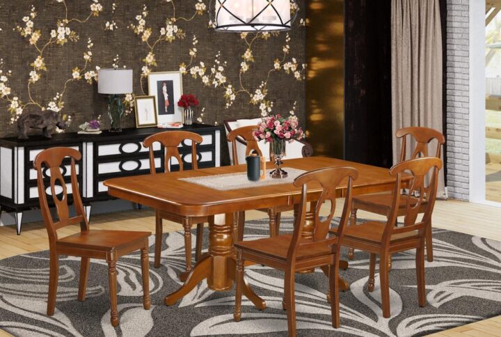 Napoleon dining table set come with fabulous Asian hardwood finished in shiny Saddle Brown Color. This dining room set is available to buy with solid wood or cushion to match personal preference and desired motif. Dining room chairs have an “S” shape for back high level of comfort with a subtle circular inset. Dining room chair are elegantly designed having rounded-lathed front legs to obtain a classical look. Small dining table come with smooth