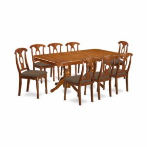 Napoleon dining room table set present wonderful Asian hardwood finished in smooth Saddle Brown color. This small dining table set is available to buy with solid wood or Linen Fabric to fit taste and desired design and style. Kitchen chairs present an “S” curve for back coziness with a complicated round inset. Dining chair are elegantly constructed with cylindrical-lathed front legs for a classical look. Table offer gentle