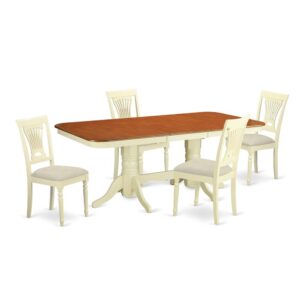 Furnish your house with this amazing exquisite 5-Piece Buttermilk & Cherry Dining set and incorporate in it an inescapable charm. The table and chairs set comes with a rectangular table top with a hardwood finish that sets a desirable contrast against the buttermilk table pedestals and dinette chairs. The chairs provide cozy seating. The table pedestals situated surrounding the center guarantees you have enough room for your legs under the table. The neutral shade of the dining set adds style and splendor to every kitchen space and dining-room.