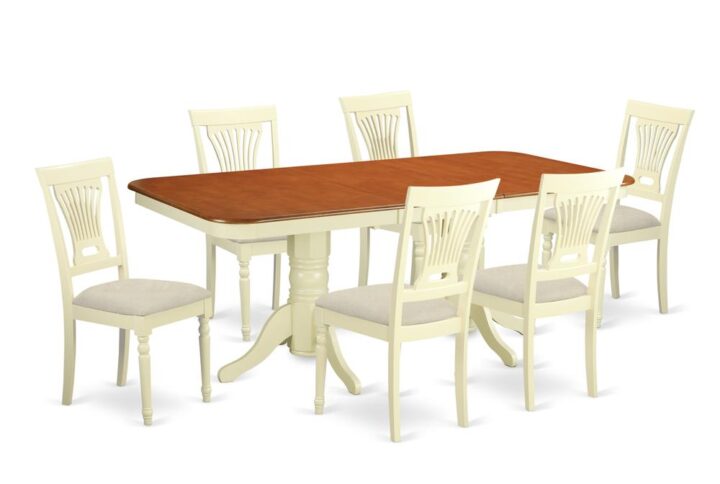 Decorate your home with this excellent exquisite 7-Piece Buttermilk & Cherry Dining set and incorporate in it an inescapable charm. The dinette set comes with a rectangular table top with a hardwood finish that sets an appealing contrast against the buttermilk table pedestals and dining room chairs. The chairs provide comfy seating. The table pedestals located surrounding the center ensures you have enough room for your legs under the table. The simple shade of the dining set adds splendor and splendor to every kitchen area and dining space.