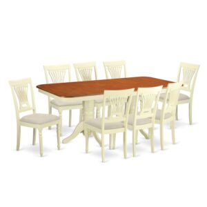 Decorate your house with this specific exquisite 9-Piece Buttermilk & Cherry Dining set and incorporate in it an inescapable charm. The dinette table set has a rectangular table top with a hardwood finish that sets a gorgeous contrast against the buttermilk table pedestals and dining chairs. The chairs provide comfy seating. The table pedestals located round the center guarantees you have enough room for your legs under the table. The natural shade of the dining set adds style and beauty to every kitchen area and dining room.