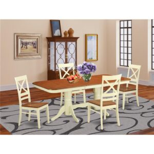 Supply your home with this particular exquisite 5-Piece Buttermilk & Cherry Dining set and incorporate in it an inescapable charm. The dining room set provides a rectangle-shaped table top with a hardwood finish that sets an attractive contrast against the buttermilk table pedestals and dining room chairs. The chairs provide comfortable seating. The table pedestals situated around the center makes sure you have enough room for your legs underneath the table. The natural shade of the dining set adds style and splendor to every kitchen area and dining-room.