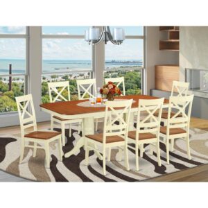 Supply your home with this particular exquisite 9-Piece Buttermilk & Cherry Dining set and incorporate in it an inescapable charm. The kitchen table set has a rectangular table top with a hardwood finish that sets an elegant contrast against the buttermilk table pedestals and dining room chairs. The chairs provide cozy seating. The table pedestals located surrounding the center guarantees you have enough room for your legs underneath the table. The neutral shade of the dining set adds sophistication and classiness to every kitchen space and dining space.