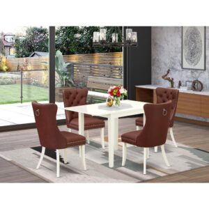 Introducing a delightful and space-efficient 5-piece dining set that seamlessly combines style and practicality. Crafted from durable rubberwood and elegantly finished in a classic linen white