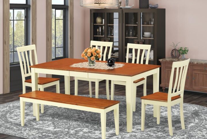 This unique rectangular rubber wood table is available with a Buttermilk & Cherry finish and beveled a tabletop. This dinette set includes the dining table