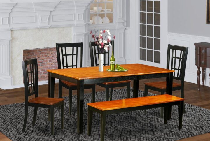 Rectangle-shaped small table supplies a touch of high class and classic style with a fashionable taste. Table set are made of real Asian wood for strength and exceptional steadiness. Small dining table and dinette chairs are offered in a finished Black & Cherry