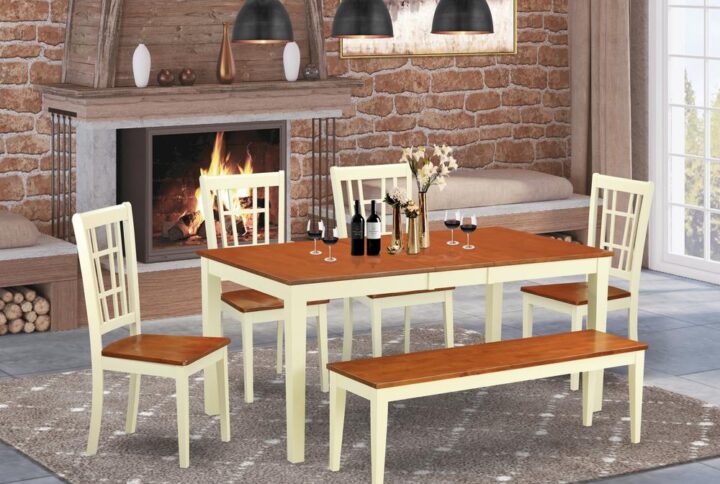 Rectangle-shaped dining room tablesupplies a sense of high end and classic style with an advanced flair. Dining room table set are crafted of real Asian hardwood for durability and exceptional stability. Small kitchen table and kitchen chairs are available in a polished Buttermilk & Cherry